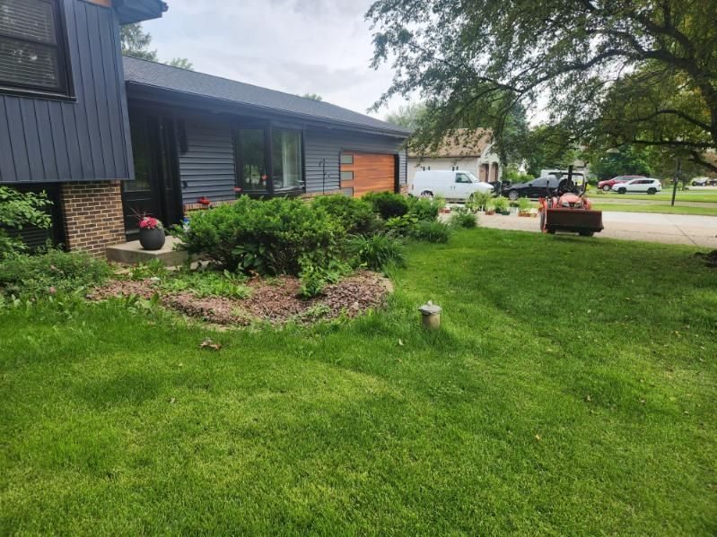 Before: overgrown shrubs and weedy mulch beds in front of a ranch home